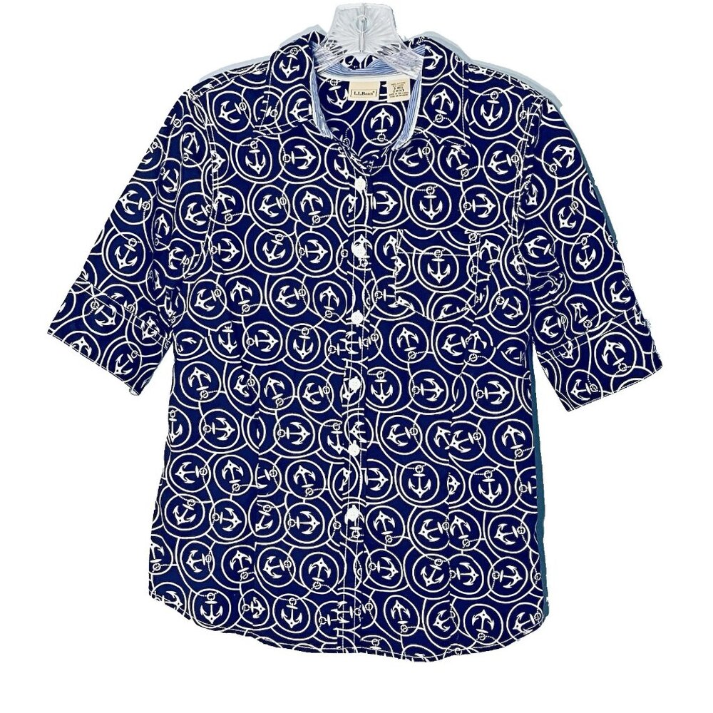 LL Bean Nautical Button Shirt Women Small Anchors Sailor Yacht‎ Preppy Coastal